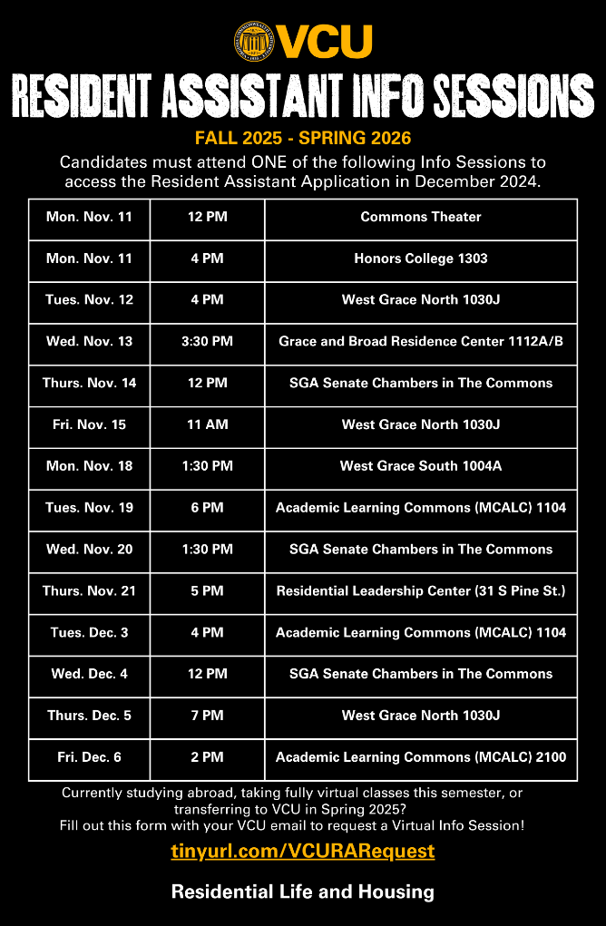 List of dates and times of RA info sessions